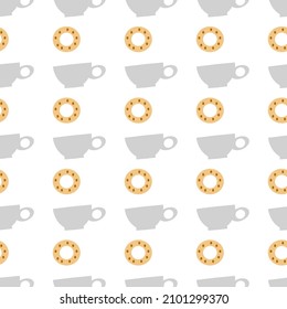 Patrón con tazas y bollería sobre fondo blanco. 