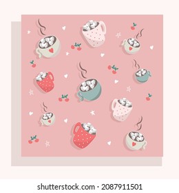 Pattern with Mugs. Retro postcard. Minimalism. Coffee. Drinks for lovers. Stock Vector illustration. Pink background with cups of coffee and sweets. Hearts and Stars in handdraw style. Cover.