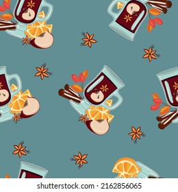 Pattern with mulled wine. Autumn pattern. High quality vector illustration.