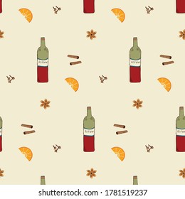 Pattern - Mulled wine, ingredients - bottle wine, vanillin, orange slice - handmade - vector. Healthy eating. Hot drink for Christmas