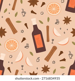 Pattern with mulled wine ingredients. Cute vector seamless texture on beige background with cartoon illustrations of spices and bottle of wine. Pattern for Christmas or New Year wrapping paper
