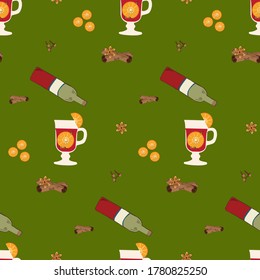 Pattern - mulled wine, ingredients for a hot cocktail - drawn illustration - vector. Healthy eating. Christmas drink