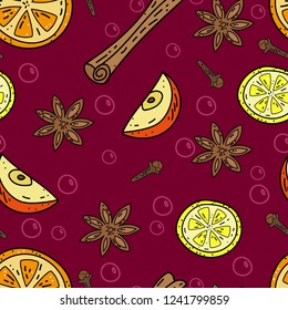 Pattern mulled wine with orange, lemon, apple, cloves and anise. Hand-drawn vector.