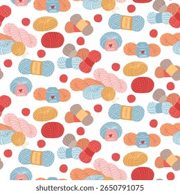 Pattern with multi colored and diverse yarn for knitting with labels of various shapes. Seamless texture handmade products. Cozy atmosphere. Flat color. Knitting, needlework, product prints, hobbies