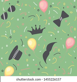 Pattern with multicolored air ballon and black figures of glasses, crowns, hats, whiskers, ties and circles, curls and stripes on green background