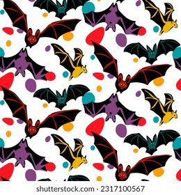 A pattern with multicolored bats in a cartoon flat style. Bats and paint spots on a white background Printing on textiles and paper is a Halloween holiday Bright festive colors for the day of the dead