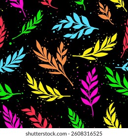 Pattern of multi-colored branches of leaves on a black background in grunge style. Drawn with brush strokes, splashes, blots.