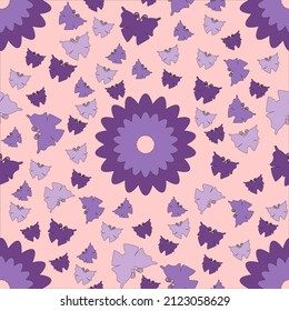 A pattern of multicolored butterflies and a flower made in purple tones