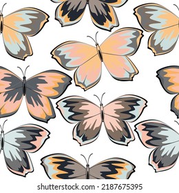 Pattern of multicolored butterflies on a white background, vector illustration Carnival butterfly, festive seamless pattern. 