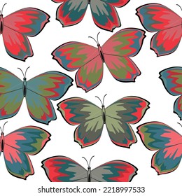 Pattern of multicolored butterflies on a white background, vector illustration Seamless pattern.