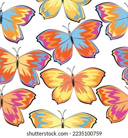 Pattern of multicolored butterflies on a white background, vector illustration Carnival butterfly, festive seamless pattern. 