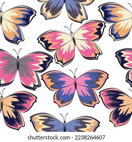 Pattern of multicolored butterflies on a white background, vector illustration Seamless pattern.