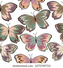 Pattern of multicolored butterflies on a white background, vector illustration Seamless pattern.