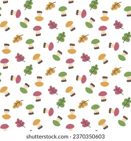 Un patrón de caricatura multicolor de hojas de otoño y hongos de rulencia cayendo sobre un fondo blanco. Textura sin fisuras de otoño para la impresión en textiles y papel. Ornamento infantil hecho de amarillo