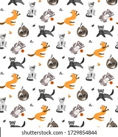 pattern with multi-colored cartoon characters of cats red-haired gray black playful sleeping sitting perky