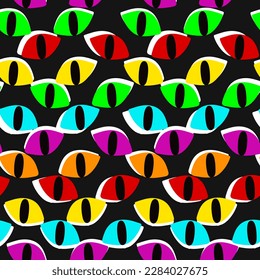 A pattern with multicolored cat eyes on a black background. Bright glowing eyes of cats in the dark. Vector illustration. Pattern for printing on textiles and paper in the theme the Halloween holiday