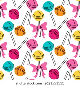 pattern is multicolored chupa chups, lollipops without packaging with bow. Texture of the flat color illustration depicts candies on sticks. Bright yellow, pink, blue. Sweets of the 90s, 2000s. Retro