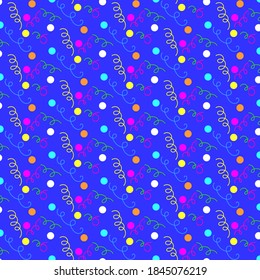 Patrón de confetti multicolor y serpintin sobre un fondo azul.