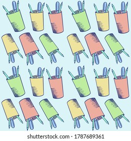 Pattern of multicolored cups with pencils. Stock vector illustration on a blue background. For fabric, cover, background.