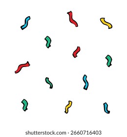 A pattern of multicolored, curvy confetti pieces scattered across a white background. The confetti is in shades of red, yellow, blue, and green.