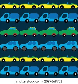 Pattern of multicolored cute cars on a monochrome background. Cartoon cars, trucks, convertibles for little kids template, design for kids