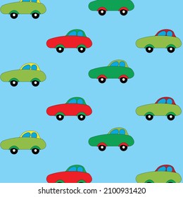 Pattern of multicolored cute cars on a monochrome background. Cartoon cars for little kids template, design for kids