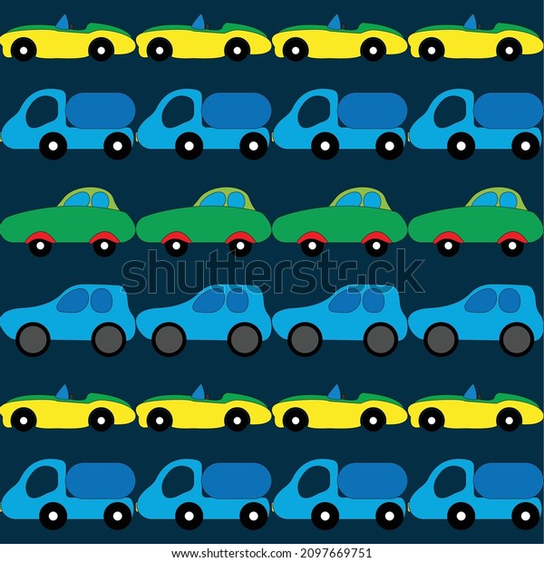 Pattern of multicolored cute cars on a monochrome\
background. Cartoon cars, trucks, convertibles for little kids\
template, design for\
kids