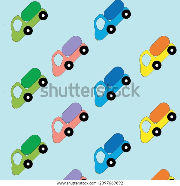 Pattern\
of multicolored cute cars on a monochrome background. Cartoon cars,\
trucks  for little kids template, design for\
kids