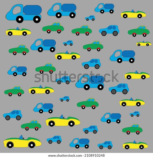 Pattern of multicolored cute cars on a monochrome\
background. Cartoon cars, trucks, convertibles for little kids\
template, design for\
kids