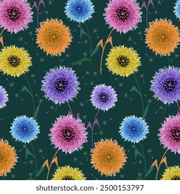 Pattern of multi-colored dandelions.Vector seamless pattern with multicolored dandelions on a colored background.