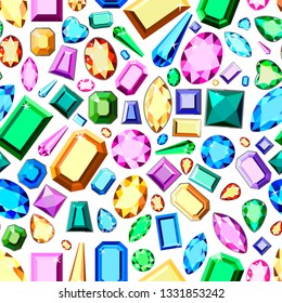 Pattern with multi-colored diamonds. Wallpaper with colorful gems. Postcard with colorful gems. Colored gems of different cut.