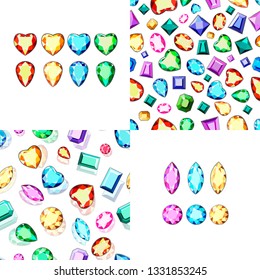 Pattern with multi-colored diamonds. Wallpaper with colorful gems. Color diamonds in the shape of a heart.Postcard with colorful gems. Colored gems of different cut.