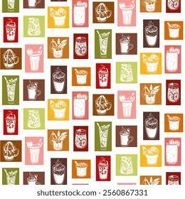 pattern with multicolored drinks in a square on white. Seamless texture of drinks for bar, restaurant. Glasses arranged in rows. Silhouettes of glass in geometric shape. Printing for menu packaging