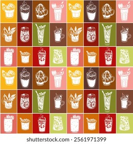 pattern with multicolored drinks in a square. Seamless texture of drinks for bar, restaurant. Glasses arranged in rows. Silhouettes of glasses in geometric shape. Printing for menu packaging, paper