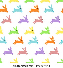 Pattern with multi-colored Easter bunnies. Vector illustration for use in decoration, fabric, scrapbooking and gift wrapping.