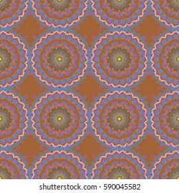 Pattern with multicolored elements on a brown background. Vector multicolor ornament on a brown background. Vintage seamless texture. Can be used for luxury greeting rich card.