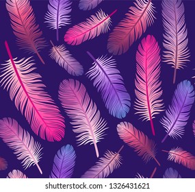 Pattern with multicolored feathers on a purple background. Suitable for curtains, wallpaper, fabrics, wrapping paper.