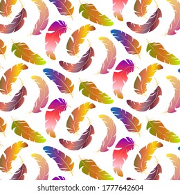 A pattern of multi-colored feathers.Multi-colored feathers on a white background in a vector pattern.