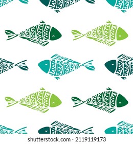 a pattern of multicolored fish-doodles. Vector seamless with a wave fish pattern of green, and turquoise on white for a design template. a simple children's drawing of a sea fish swimming in different