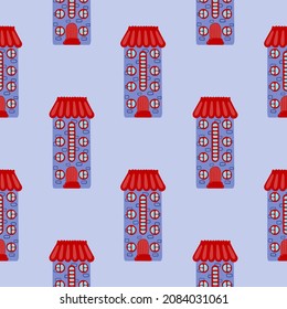 A pattern of multi-colored flat art nouveau houses. House with unusual windows. EPS 10 without transparencies.
