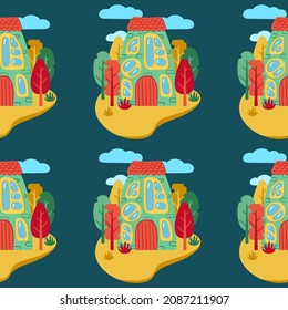 A pattern of multi-colored flat art nouveau houses. House with unusual windows. Colorful landscape with trees and clouds. EPS 10 without transparencies.