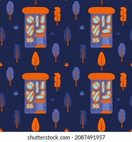 A pattern of multi-colored flat art nouveau houses. House with unusual windows. Colorful landscape with trees and clouds. EPS 10 without transparencies.