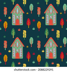 A pattern of multi-colored flat art nouveau houses. House with unusual windows. Colorful landscape with trees and clouds. EPS 10 without transparencies.