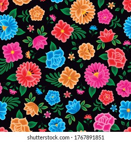 Pattern multicolored flowers mexican embroidery style on black background