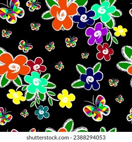 pattern with multi-colored flowers and stained glass butterflies on a black canvas