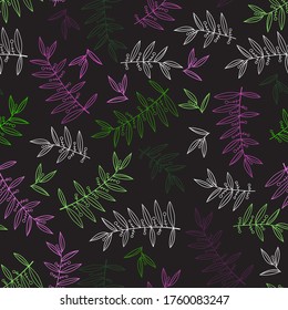 Pattern of multi-colored graphic fantasy twigs on a black background. Separate pink, green and white plants on a black background.