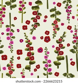 pattern with multi-colored hollyhocks on a light background 