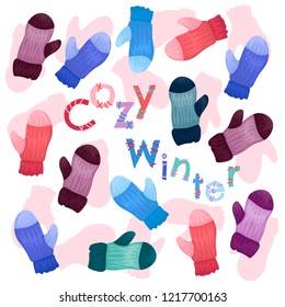 Pattern from multi-colored mittens. Winter cozy illustration. The vector drawing with an inscription Cozy winter. Isolated on background. Flat style cartoon vector illustration.