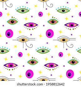 Pattern with multi-colored mystical eyes. Vector illustration isolated on white background. For use in garment prints, wrapping paper, fabrics, brochures and covers, flyers and various decor.