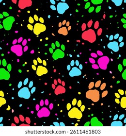 Pattern of multi-colored paw prints of a dog, a cat on a black background in grunge style. Drawn with brush strokes, splashes, blots.